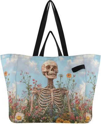 Generic Blue Skeleton Flower print Reusable Canvas Tote Bag, Heavy Duty Grocery Shopping Bag with Double Handles Large Capacity Hard Bottom Work Groceries Tra