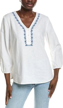 Jones New York Embroidered Linen-Blend Popover Blouse