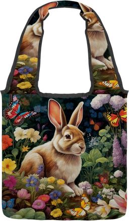 Generic Floral Rabbit Butterflies Reversible Canvas Shoulder Tote - Double-Sided Print, 12oz Cotton, 27cm Drop, Fold-Flat Bag for Travel, Shopping, Street Out