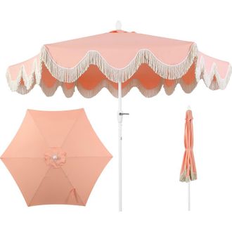 Jonathan Y Designs Collins 9 ft. Classic Cottage Fringe Tassel Market Patio Umbrella with Auto-Tilt Crank in Coral Pink/white Pole at Nordstrom