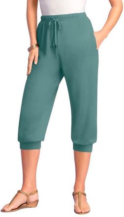 Roaman's Plus Size Soft Knit Capri Pant With Drawstring Waist in Cool Sage at Nordstrom, Size Medium