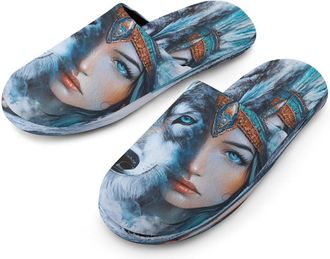 Generic Wolf And Beauty Indian Mens Cotton Slippers Memory Foam Comfort House Shoes Winter Indoor Slipper for Hotel Casa Spa