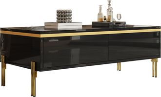 STILVORA Mesa De Centro Con 2 Cajones Ocultos Y Patas De Metal, Alto Brillo, Estilo Moderno, En Tablero De Part&iacute;culas, Negro