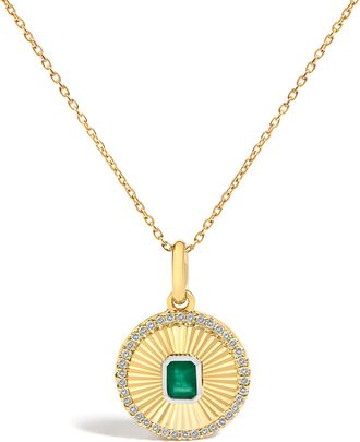 House of Brilliance 10K Yellow Gold 4x3 MM Emerald and 1/10 Cttw Diamond Circle Fluted Medallion Pendant Necklace