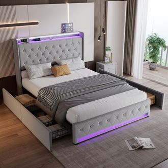 Matteo Upholstered Bed, 4ft6 Double Bed Storage Bed, Soft Backrest, 4 Drawers in Grey