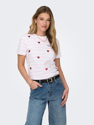 Only T-Shirt ONLY ONLKITA LIFE REG S/S HEART TOP BOX JRS, Damen, Gr. XL, weiss (hellwei&szlig; print:voila), Single Jersey, Obermaterial: 100% Baumwolle, geringe