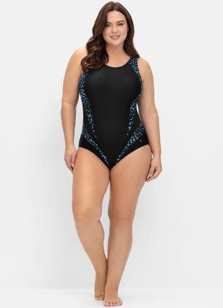 Sheego Badeanzug SHEEGO, Damen, Gr. 40, Cup F, schwarz (schwarz bedruckt), Polyamid, Badeanz&uuml;ge Badeanzug