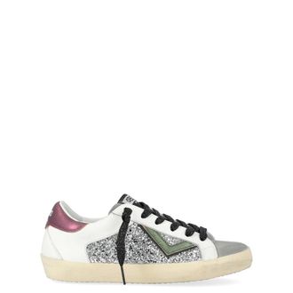 4B12 Schoenen, Dames, Grijs, 36 EU, Leer, Witte leren sneakers met zilveren strass