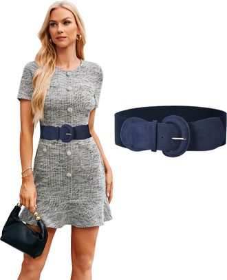 Grace Karin Women Wide Elastic Waist Belts Vintage Stretchy Suede Dress Belt, Navy Blue, XL