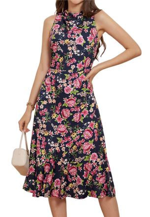 Grace Karin Ladies Slim Fit Dress Pleated Neck Sleeveless Dress Party Dress Pink Flower Dress 2615-3