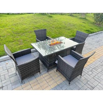 Fimous Fimous Rattan Garden Furniture Dining Set 4-seater Patio Rectangular Gas Firepit Table Chairs Outdoor Dark Grey Mixed