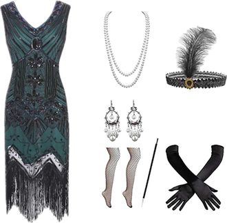 Generic Womens 1920s Tassel Sequins Dance Costume Samba Rumba Tango Dance Dress Vintage Flapper Cocktail Dress Sexy V-Neck, Cocktail Dresses 1920s with 20s Ac