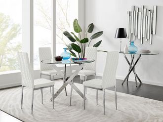 Furniturebox Novara Clear Tempered Glass 100cm Round Dining Table with Chrome Starburst Legs & 4 Milan Faux Leather Chairs in White