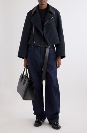 Givenchy Leather Collar Gabardine Crop Trench Jacket in Dark Navy at Nordstrom, Size 4 Us