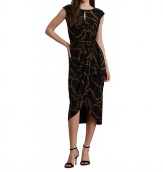 Ralph Lauren Belting-Print Jersey Tie-Front Dress In Black/tan