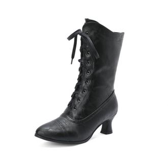 Generic Womens Two-Tone 5.5cm Kitten Heel Lace-Up Mid-Calf Boots for Autumn and Winter,Black,1.5 UK