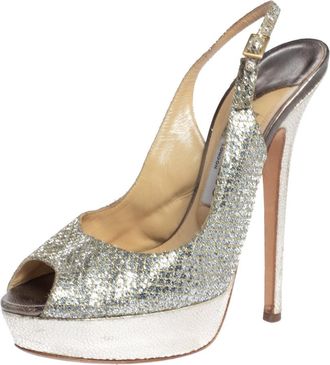 Jimmy Choo London Metallic Gold Glitter Fabric And Embossed Leather Verity Peep Toe Platform Slingback Sandals
