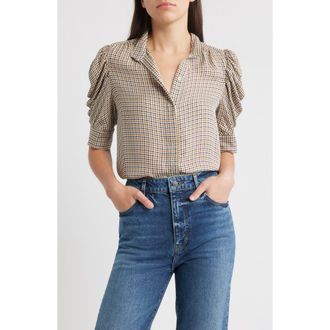 Frame Denim The Houndstooth Gillian Puff Sleeve Silk Top in Houndstooth Multi at Nordstrom Rack, Size X-Large