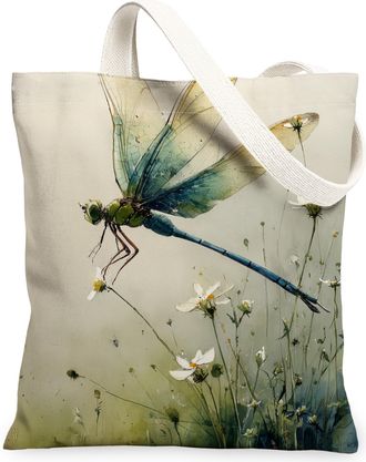 Generic Artistic Dragonfly Canvas Tote Bags, Vintage Floral Pattern Reusable Grocery Bags, Lightweight Washable Shoulder Strap Canv, Blue, 13x15 Inch