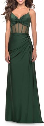 La Femme Illusion Bodice Dress with Boning and Twist Detail in Emerald at Nordstrom, Size 2
