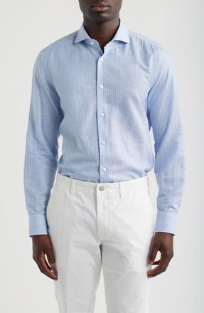 BOSS Hank Slim Fit Plaid Linen & Cotton Shirt in Light/pastel Blue at Nordstrom, Size 15.5
