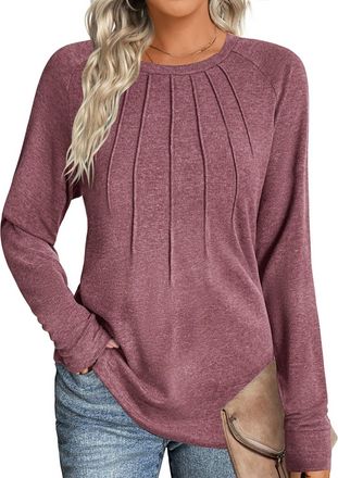 Zeagoo T Shirts for Women UK Long Sleeve Round Neck Tops Casual Pleated Tshirts Lightweight Fall T-Shirts Plain Elegant Long Shirts Pink XXL