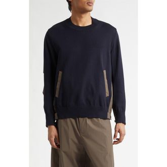 sacai Cotton Typewriter Panel Sweater in Navy/Taupe at Nordstrom, Size 1