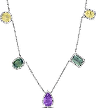 Mimi & Max 4 1/10ct TGW Green Pruple Sapphire 3/8ct TW Diamond Halo Station Necklace 14k Rose Gold