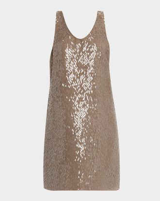 Brunello Cucinelli Crispy Silk Chiffon Mini Dress With Pailette Fringe Embroidery