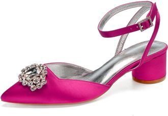 Generic Wedding Bridal Heels Women Ankle Strap Pointed Toe Slingback Chunky Low Heels Womens Pumps Wedding Dress Shoes 4.5Cm,Rose red,8 UK