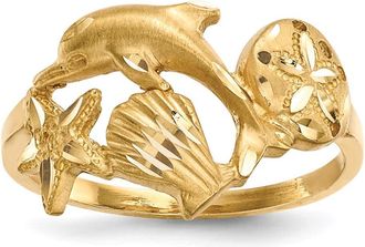 Diamond2Deal 14k Yellow Gold Diamond-cut Dolphin Starfish Shell Sand Dollar Ring