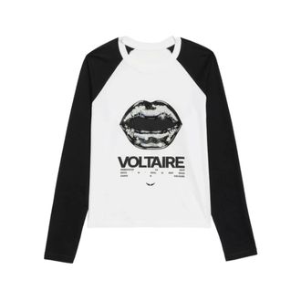 Zadig&Voltaire Tops, Dames, Wit, S, Katoen, Rhinestone Print Long-Sleeve T-Shirt