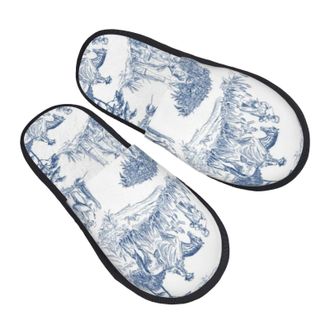 Generic Home Slipper Unique Toile Design Blue Warm Slipper Unisex Fluffy Slippers Comfortable Scuff Slippers For Hotel Travel Party L