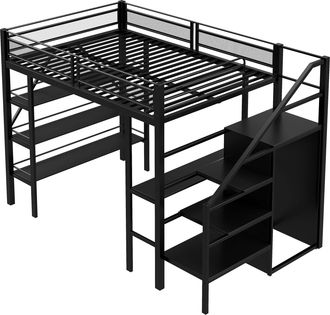 STILVORA Cama Alta 140 X 200 Cm Con Led, Enchufe, Escritorio, Estantes Y Armario, Sin Colch&oacute;n, De Metal, Negro