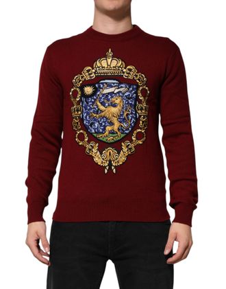 Dolce & Gabbana Burgundy Cashmere Lion Crest Pullover Mens Sweater