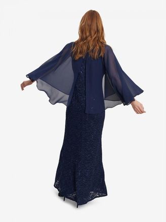 Gina Bacconi Womens Jayden Long Fit And Flare V-Neck Dress With Illusion Capelet - Navy - Size 12 UK