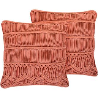 Beliani Set of 2 Decorative Cushions AKKOY Cotton 45 x 45 cm Orange Geometric Pattern
