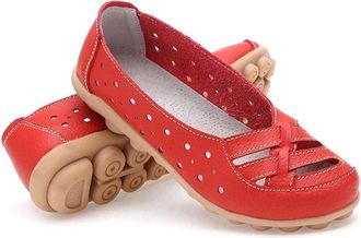 Generic Womens Orthopedic Loafers in Breathable Leather Comfortable Hollow Soft Flats Sandals Summer Casual Slip-On Shoes (Red,6.5)