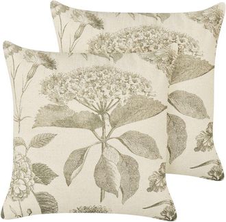 Beliani Conjunto De 2 Cojines De Algod&oacute;n Decorativos Hechos A Mano Estampado Floral Cuadrado 45 X 45 Cm Beige Y Verde Rosemary