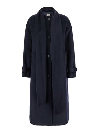 Semicouture Blue Single-breasted Long Coat With Scarf In Wool Blend Woman