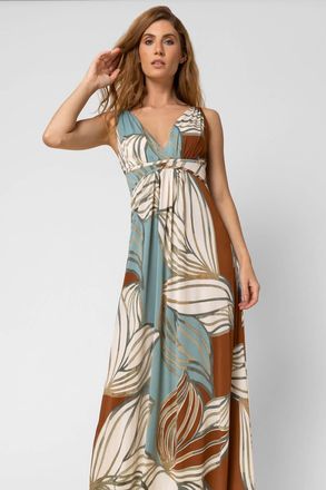 Roman Abstract Leaf Print V Neck Maxi Dress