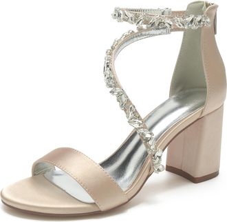 Generic Womens Rhinestones Bridal Heels 8Cm Chunky Block Heels Ankle Strap Wedding Party Prom Dressy Sandals with Back Zipper,Champagne,10 UK
