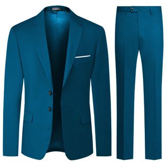 AlltheMen Mens Suits 2 Piece Regular Fit Wedding Dress Suit Two Buttons Business Suit Blazer Trousers Lake Blue XXL