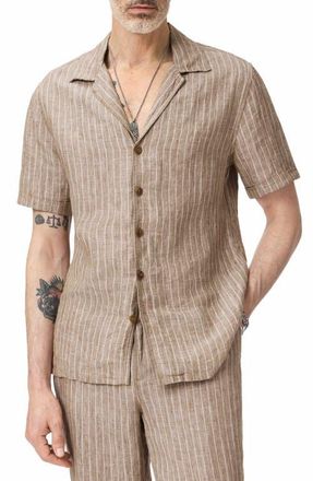 John Varvatos Grady Stripe Linen Camp Shirt in Faded Twine at Nordstrom, Size Xx-Large