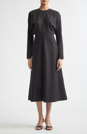 Victoria Beckham Dolman Long Sleeve Wool Twill Midi Dress in Dark Grey Melange at Nordstrom, Size 10 Us