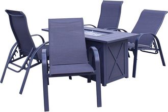 Courtyard Casual Santa Fe Dark Gray 5Pc Rectangle Fire Pit Set With 1 Fire Pit And 4 Sling Reclining Chairs