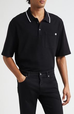 Dolce & Gabbana Logo Embroidered Cotton Piqué Polo in N0000 Nero at Nordstrom, Size 42 Us