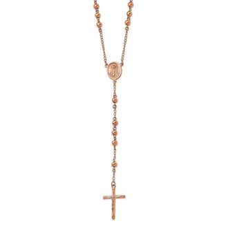 Diamond2Deal Stainless Steel Polished Rose IP-plated Rosary Necklace 30