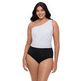 Trimshaper Heather One Shoulder One-Piece Control Swimsuit in Black And White at Nordstrom, Size 10