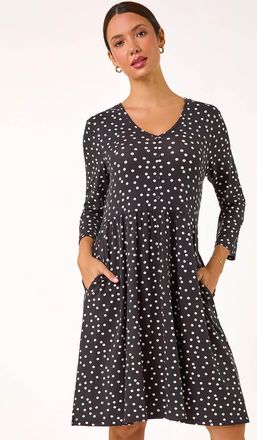Roman Spot Print Button Detail V-Neck Dress